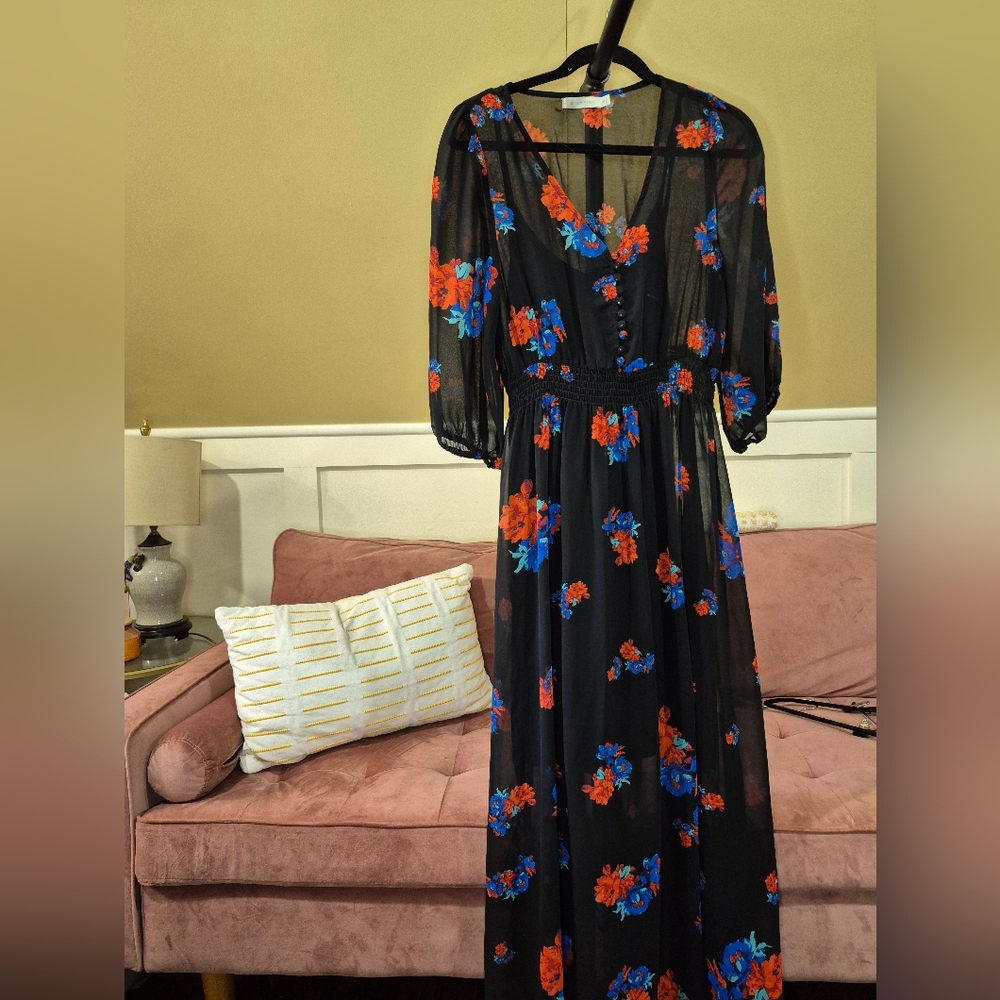 MINKPINK Black Dress with Red and Blue Floral Design